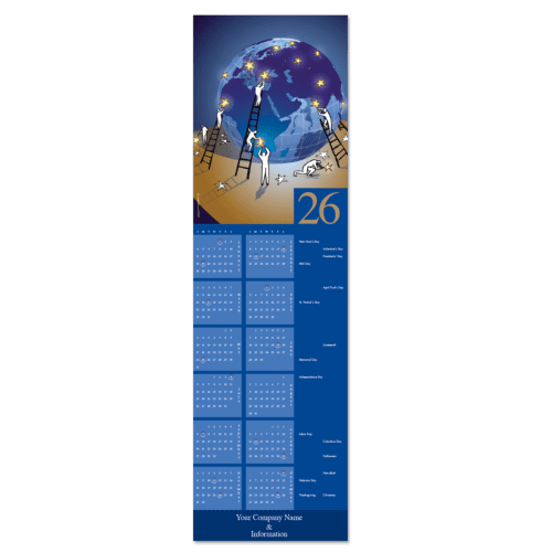 This business calendar card exemplifies teamwork as small figures on ladders work together to adorn the globe with stars. You company name and info is featured at the bottom of the card.