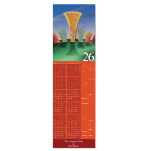 Business calendar card featuring a big city scene in bright hues of orange blue and green. Your company name and info is featured on the bottom