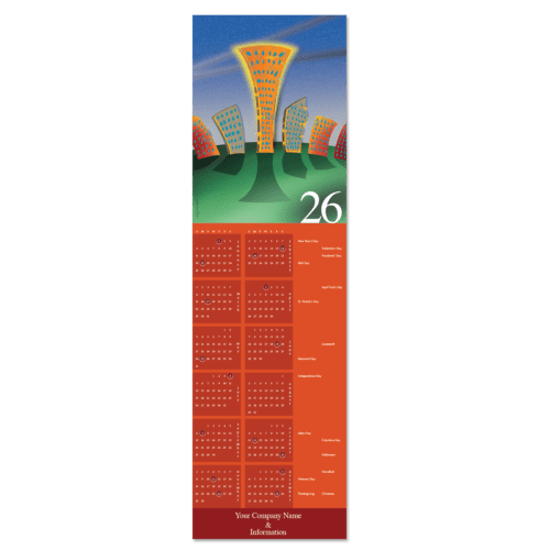 Business calendar card featuring a big city scene in bright hues of orange blue and green. Your company name and info is featured on the bottom
