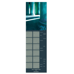 These law firm calendar cards feature elegant doric columns with long shadows in hues of blue and green. Can be personalized with your company name and info on the front.