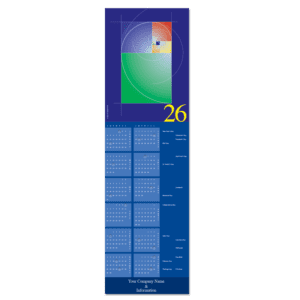 A business calendar card in hues of blue and purple with warm accents and featuring the Fibonacci spiral.