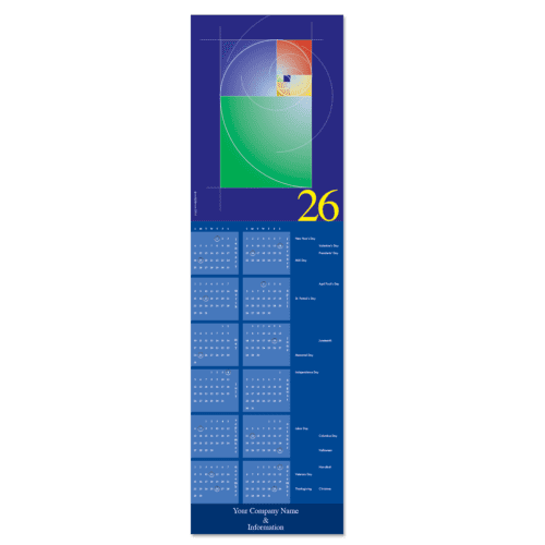 A business calendar card in hues of blue and purple with warm accents and featuring the Fibonacci spiral.
