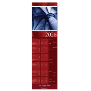 This calendar holiday card for business features elegant vaulted arches in rich blue and red hues.