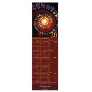 Illuminating image of a spiral stained glass skylight is featured in this business calendar card that is personalized on the front with your company name and info.
