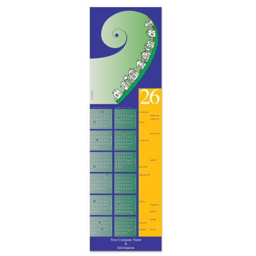 These construction calendar cards for the holidays features a neighborhood of tiny houses and makes the perfect year end marketing piece for your real estate or construction company.