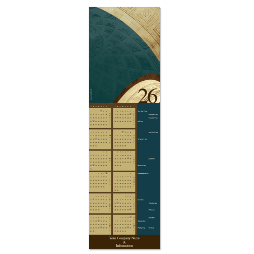 Coffered ceiling tiles in shades of umber and dark green are featured in these elegant calendar cards for business.