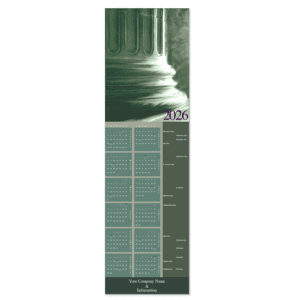 A law office calendar card with rich, elegant hues of forest and sage greens in the illustration of a Roman column. Perfect for attorneys, law offices and lawyers, personalized with your company name and info.