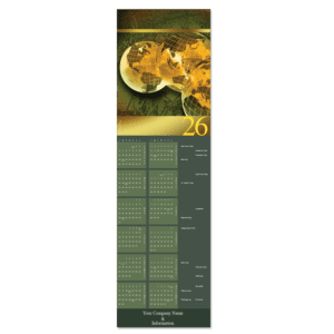 Frameworks of golden globes on a dark sage background makes the perfect calendar greeting card for international businesses.
