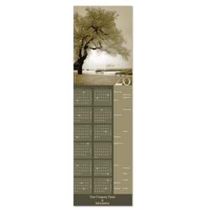 This business calendar greeting card features a frosty winter scene with large tree and bench in shades of warm umber.