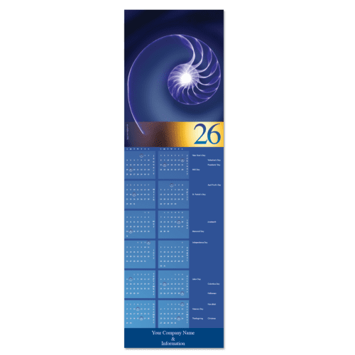 An elegant business calendar card inspired by the nautilus sea creature in shades of blue with gold accents.