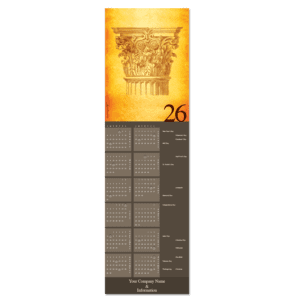 This 12 month business calendar card features a Corinthian column at the top in rich golden hues and your company name and info on the bottom.