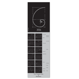 This elegant Fibonacci spiral themed calendar greeting card is printed on our silver metallic card stock. It features your company name on the bottom.