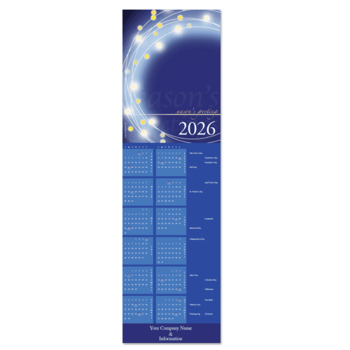 These personalized business calendars make a perfect Christmas greeting card. It features an abstract wreath of light in glowing shades of blue with yellow details.