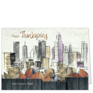 Our Thanksgiving cards for architects feature an architectural sketch of a cityscape in warm fall colors. In the foreground are some fall leaves and an aged, grey wooden fence featuring your company name.
