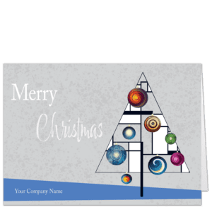 This personalized Christmas card is perfect for friends, family or clients and staff. It features and abstract tree in black lines and colorful ornaments in the style of the artist Juan Miro. Set against a light grey background, there is also a tapered blue band at the bottom to personalize online with your family or company name.