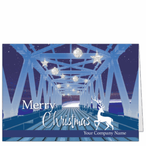 Engineering Christmas cards depict a stylized white reindeer standing at the entrance to a vintage warren truss bridge and features your company name on the front and your choice of holiday greeting.