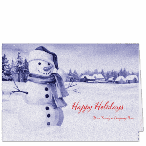 This personalized Christmas card features a jaunty snowman in front of a snowy farm scene. The style is very retro including the fonts for your family or company name as well as the monotone purplish indigo hues.