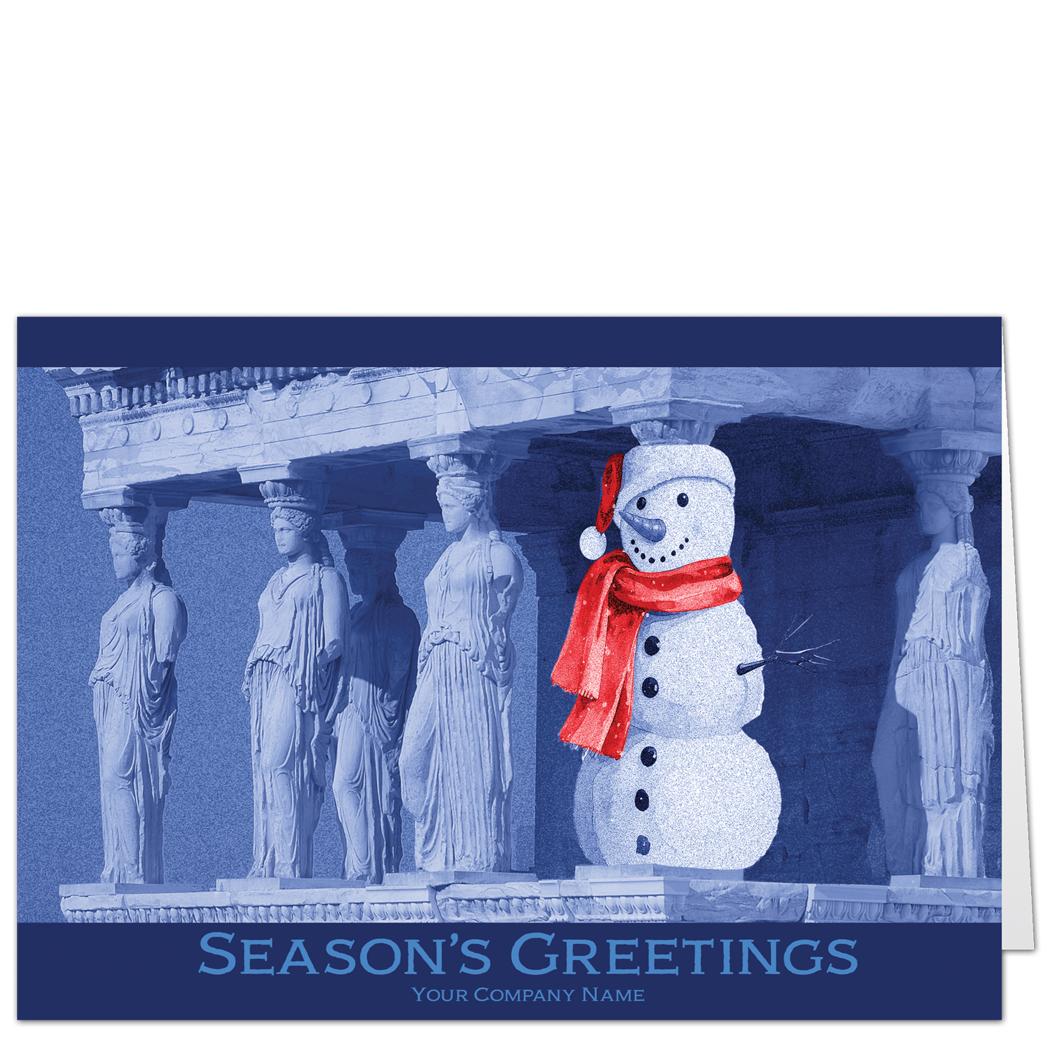 These architecture holiday cards feature our jaunty snowman wearing a red scarf and Santa hat. He has snuck into the Acropolis to replace one of the caryatids in the retro style design with your company name on the card front.