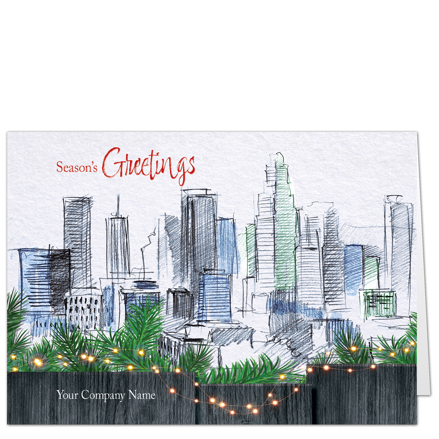 These architecture themed Christmas cards show an architectural city sketch just behind a wooden fence decorated with pine boughs and fairy lights. Your choice of greeting and your company name can be added for free.