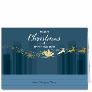 These custom corporate holiday cards feature a golden Santa and his reindeer traveling the skies in front of an elegant city background in shades of deep indigo. Your company name is featured on the card front.