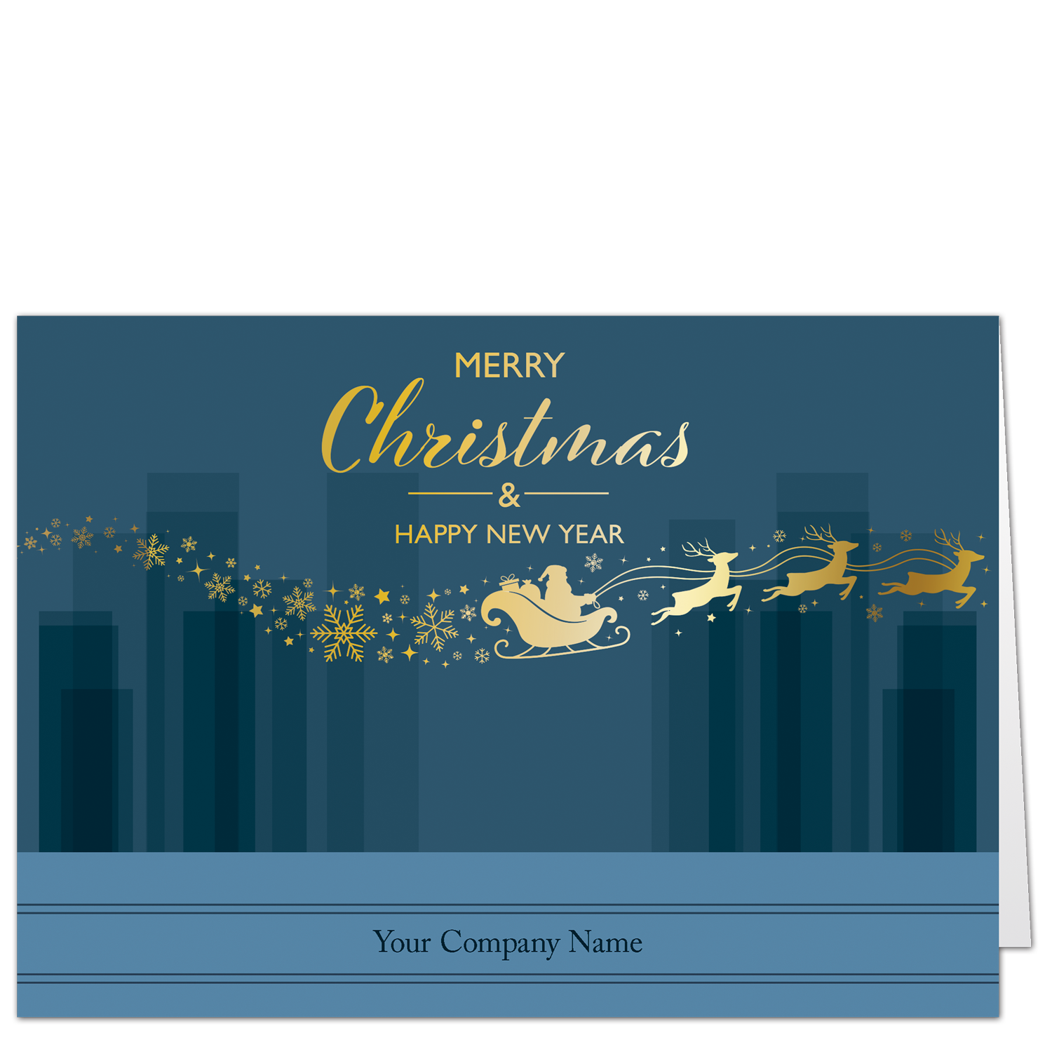 These custom corporate holiday cards feature a golden Santa and his reindeer traveling the skies in front of an elegant city background in shades of deep indigo. Your company name is featured on the card front.