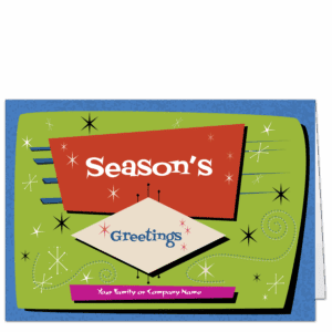 Personalized Christmas cards in wild shades of red, lime, pink and blue gives this card a mid century moderf feel. Stars and swirls complement your family or company name on the card front.