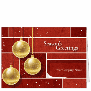 These holiday cards for business feature three gold ornaments with patterns set against a rich brick red backdrop of stylized stones. Your company name is on the front.