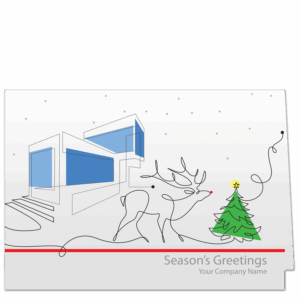 This creative Christmas card for architects uses a single line to delineate a house, a reindeer and a Christmas tree. Blue blocks form the house, a splash of green for the tree, and Rudolph has a red nose. Your choice of greeting and company name on the card front.