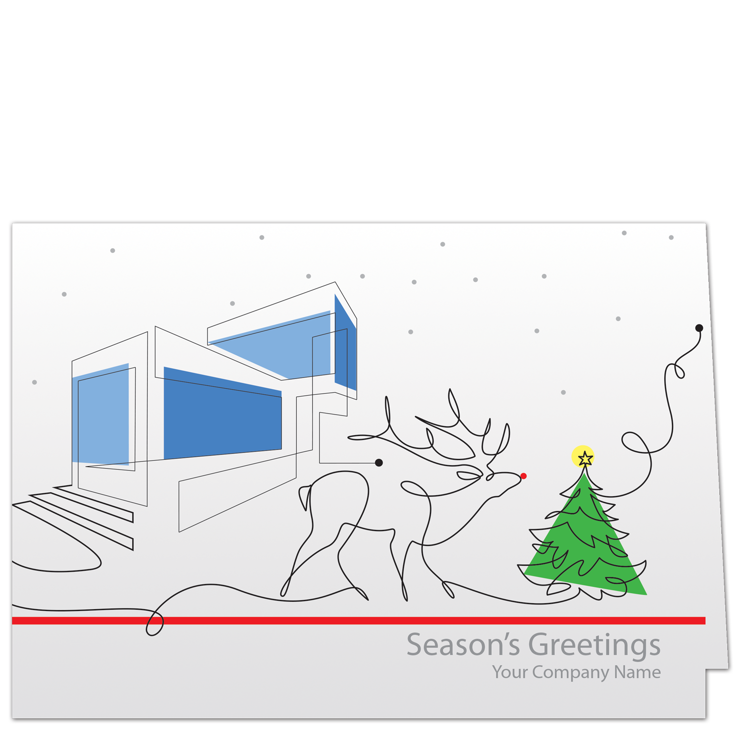 This creative Christmas card for architects uses a single line to delineate a house, a reindeer and a Christmas tree. Blue blocks form the house, a splash of green for the tree, and Rudolph has a red nose. Your choice of greeting and company name on the card front.