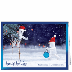 These personalized Christmas cards show 2 little marshmallow people in Santa hats decorating a Christmas tree. Your family or company name on the card front can be edited online for free.