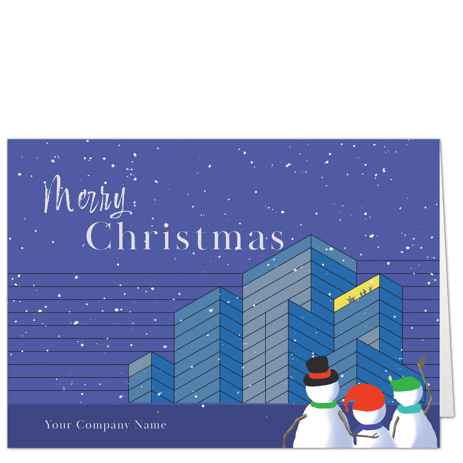 A construction company Christmas card in shades of mostly blue, with three snowmen in the foreground looking up at some big city buildings. One of the buildings shows revelers on the top floor. Your choice of holiday greeting and company name are printed on the card front.