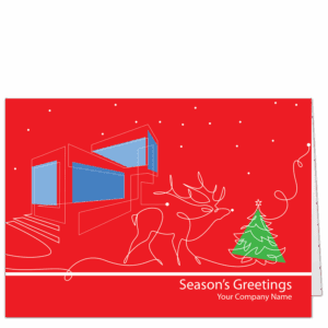 These Christmas cards for architects make use of a single white line drawn against a bright red background. The line is used to create a single building, a reindeer and Christmas tree. Your choice of holiday greeting and company name is printed on the front.