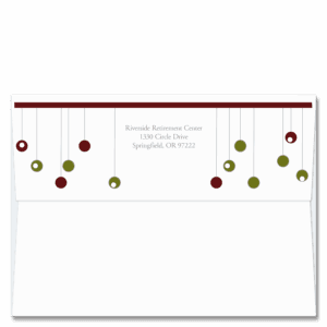Christmas card envelopes with stylized ornaments in burgundy and olive on the backflap to accent your holiday card return address. You can personalize these festive self sealing envelopes online.