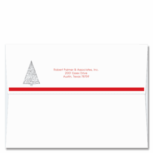 Christmas card envelopes with a red band and a stylized black line tree drawing frame your holiday card return address. You can personalize these festive self sealing envelopes online.