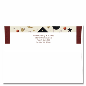 This Christmas card envelope has abstract Miro style holiday ornaments in shades of umber and brown and is printed on our self sealing envelopes. Add your return address online.