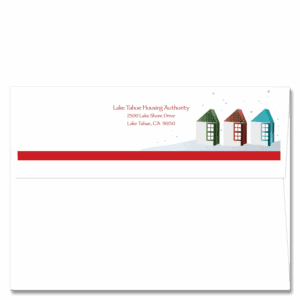 This Christmas card envelope is a perfect match for our Holiday Gathering 4424 design with a red band below a trio of 3d houses. Add your return address online.
