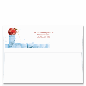 This Christmas card envelope is a perfect match for our Snow Fence 3818 architectural holiday card design. Your return address appears above a row of architectural blueprint drawing rolls and a single red ornament is on the left.
