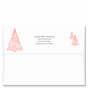 This Christmas card envelope features your return where it will appear framed between 3 patterned tree forms in red.