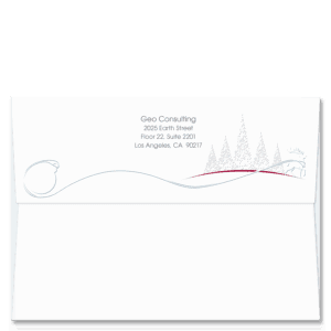 Elegant Christmas card envelopes that are a perfect complement for our Ornament in Tow holiday card designs 4519 or 4516. Your return address is framed by shadowy trees resting on a read arc. A reindeer on the right tows a delicate ornament that is on the left.