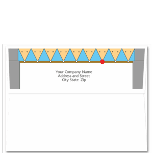 Christmas card envelopes feature blue and orange triangle shapes like a bridge truss. One of the triangles has a red nose because that is Rudolph.
