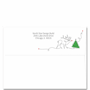 This Christmas card envelope features your return address above a simple line drawing that creates a reindeer and Christmas tree. The tree has a splash of green and the reindeer has a red dot nose.