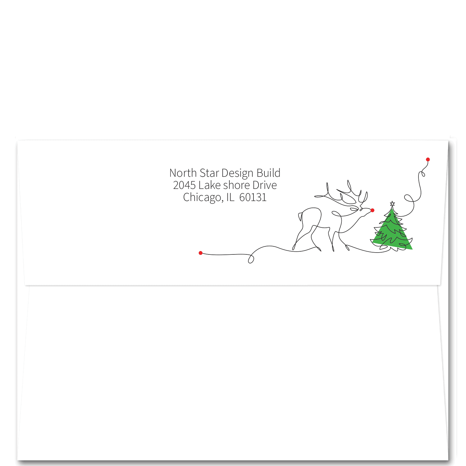 This Christmas card envelope features your return address above a simple line drawing that creates a reindeer and Christmas tree. The tree has a splash of green and the reindeer has a red dot nose.