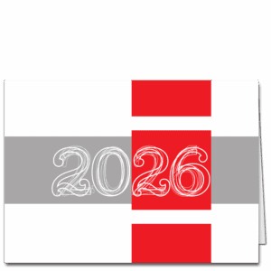 Business New Year card with blocks of read and grey and teh year printed on the front in architectural syle lettering.