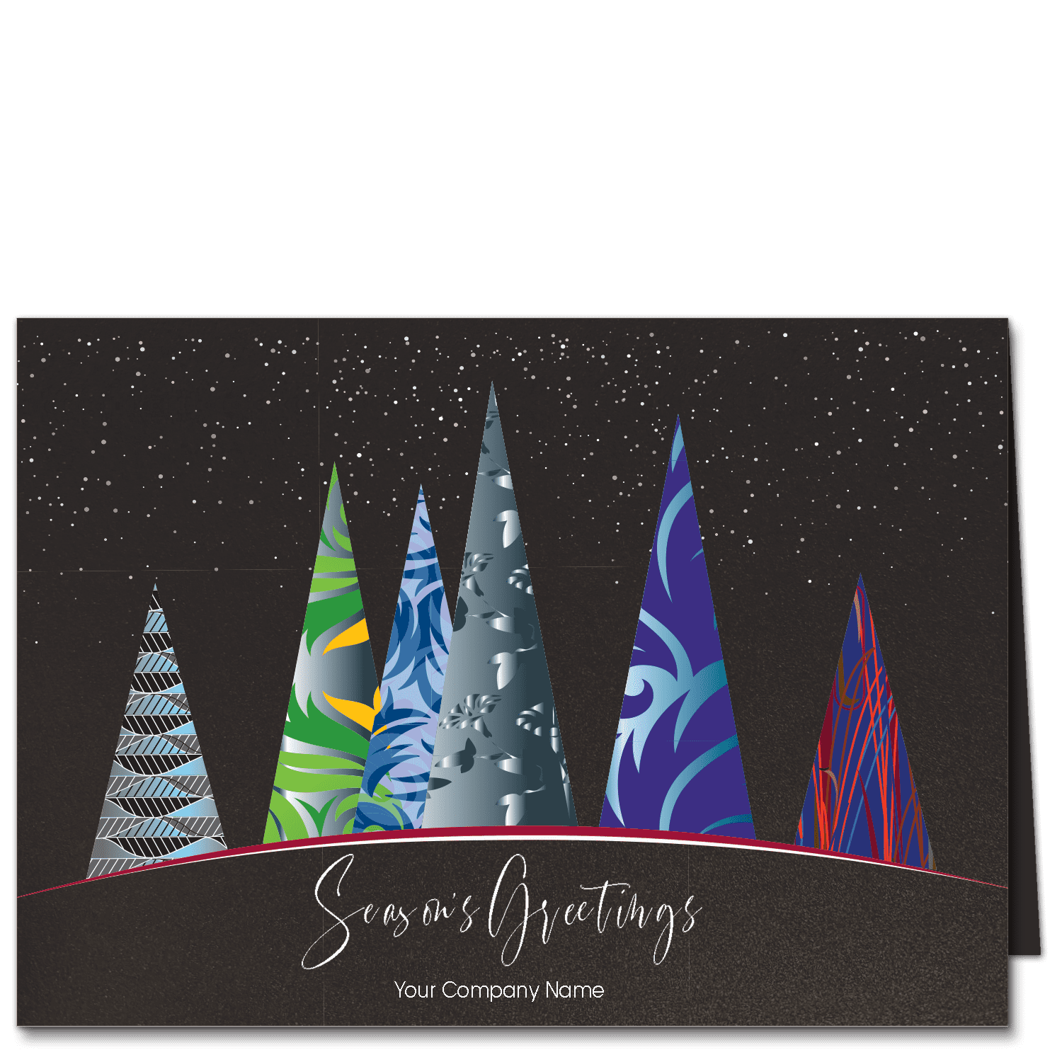 Christmas cards personalized with your company name and choice of greeting on our exclusive shimmery black card stock. Six abstractly patterned and brightly colored Christmas trees float on the horizon.
