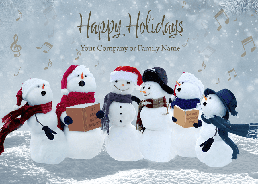 Personalized Christmas cards with six caroling snowmen wearing different caps. Two snowmen are holding songbooks which are customized with the Igloo Holiday Lighting Rules and Uniform Electrical Code titles in this version for electrical and green energy engineering firms.