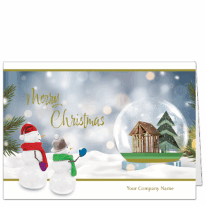 Personalized business holiday cards with two cheery snowmen wearing scarves and mittens waving at a stick frame house and tree inside a snow dome. Your company name is printed on the card front.
