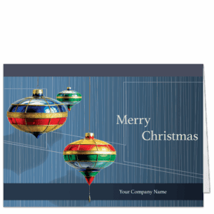 These corporate Christmas cards have three oddly shaped mid century style ornaments in front of a blue background. Your company name and choice of holiday greeting is on the card front.