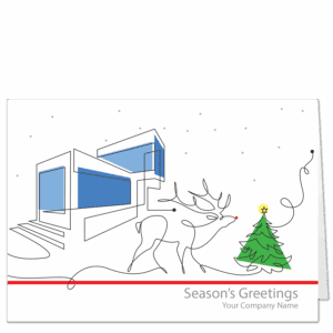 This creative Christmas card for architects uses a single line to delineate a house, a reindeer and a Christmas tree. Blue blocks form the house, a splash of green for the tree, and Rudolph has a red nose. Your choice of greeting and company name on the card front.