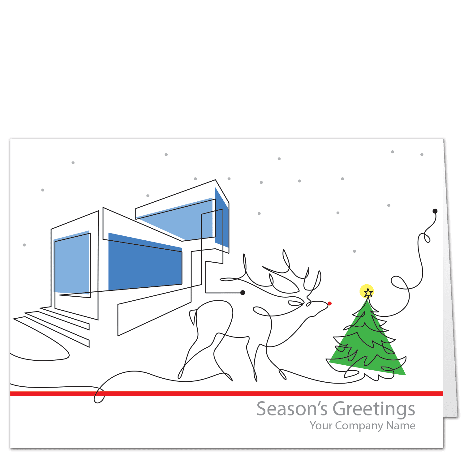 This creative Christmas card for architects uses a single line to delineate a house, a reindeer and a Christmas tree. Blue blocks form the house, a splash of green for the tree, and Rudolph has a red nose. Your choice of greeting and company name on the card front.
