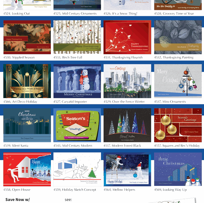 Cardphile personalized Christmas cards Fall 2025 new cards sampler. Displays 24 of the new fall holiday card designs along with informative text about discount offers.